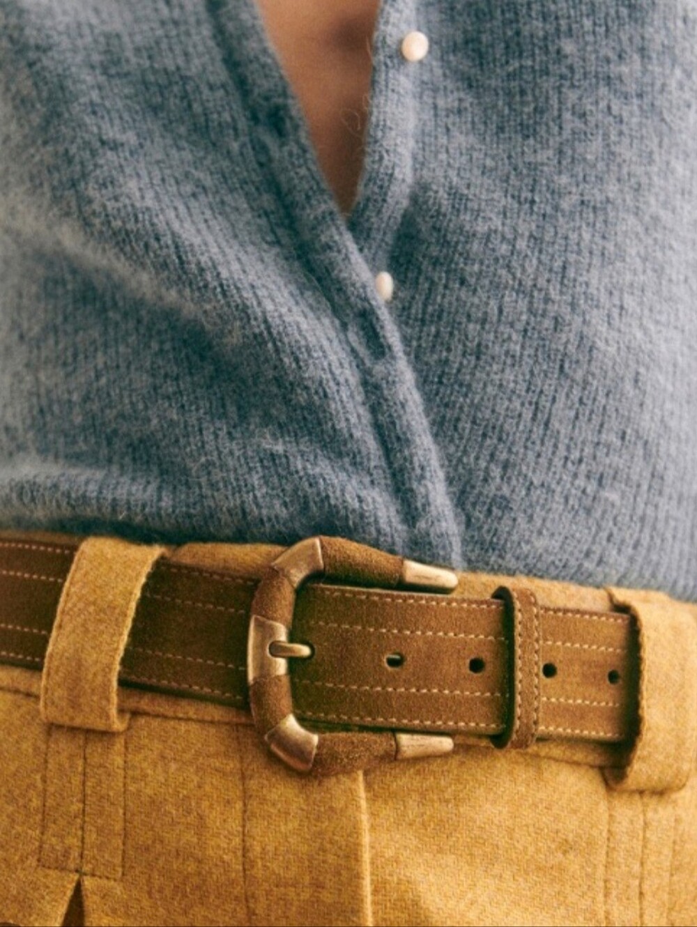 Sézane Sophia Belt Size 75 Brown Leather Suede Gold Tone Buckle French Paris